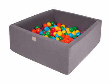 Vierkante ballenbak 90x90x40 - Donker grijs met Gele, Rode, Donker groene, Oranje en Blauwe ballen